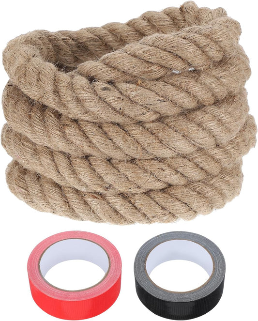 MECCANIXITY Jute Rope 1.3 Inch x 10ft, Thick Twine Rope Ropes Braided Jute Twine Natural Brown Burlap Cord String Heavy Twisted with Tapes for Decorative Crafts Railing Swing Tug of War