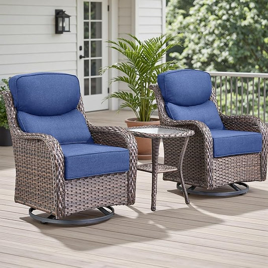 Rilyson Outdoor Patio Swivel Rocker Chairs Set of 2, Waterproof Wicker, High Back, Deep Seating, Wide Armrest, Upgraded 6 inch Thick Cushions, Side Table, Ideal for Deck Porch Yard, Brown/Blue