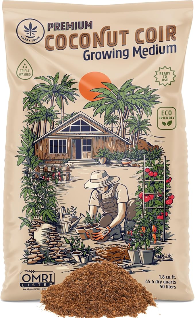 Happy Trees Coco Coir Loose Coconut Fiber Growing Medium, Potting Mix, Seed-Starting, Premium Quality, Triple-Washed for Low Salt/EC, pH Balanced, Peat-Free, OMRI Organic, 50L (1.8 cu.ft.)