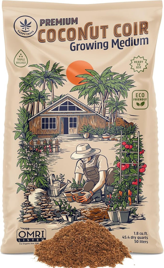Happy Trees Coco Coir Loose Coconut Fiber Growing Medium, Potting Mix, Seed-Starting, Premium Quality, Triple-Washed for Low Salt/EC, pH Balanced, Peat-Free, OMRI Organic, 50L (1.8 cu.ft.)