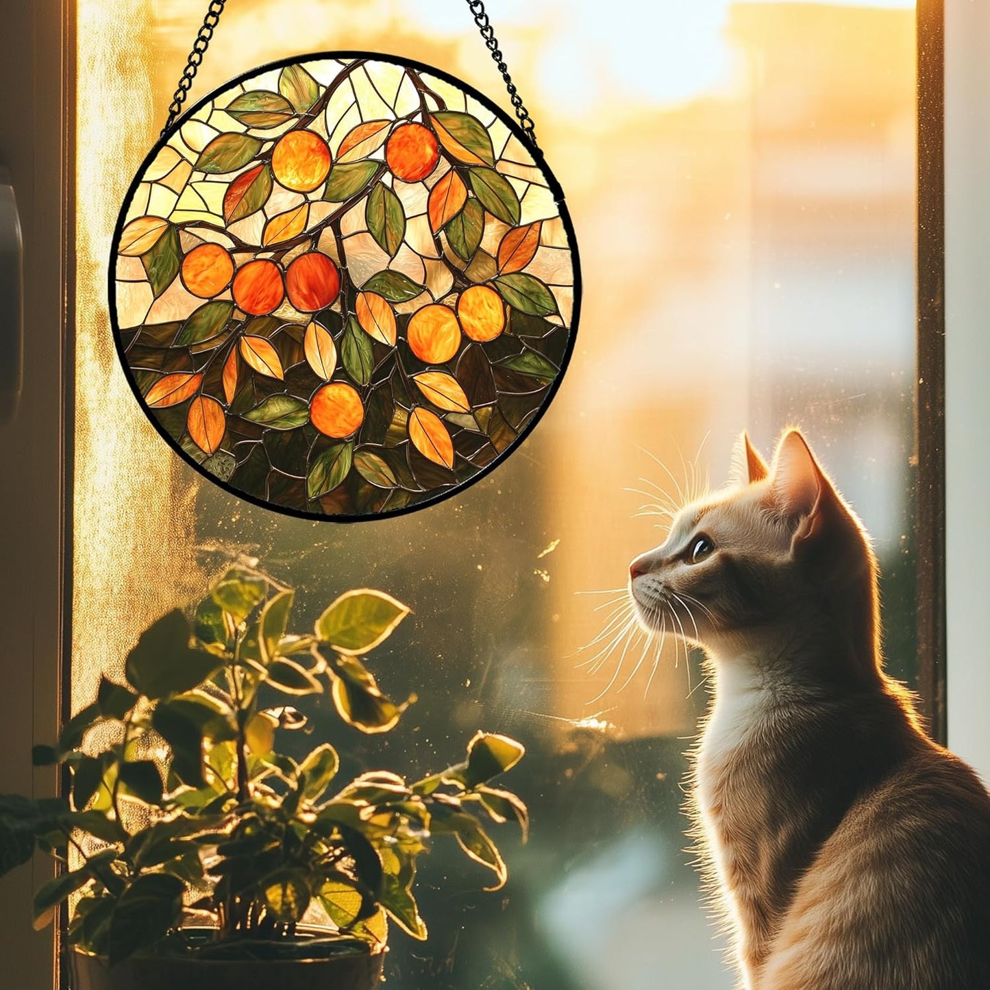 Stained Glass Suncatcher, Orange Green Fruit Tree Sun Catcher Landscape Stain Glass Window Hanging Decoration Mother's Day Birthday Gifts for Women Men Mom Nana 15 in