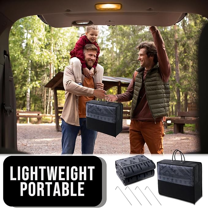 OLANLY Outdoor Rug Waterproof 6x9 ft, Reversible Outdoor Plastic Straw Rug, Boho Patio Rug, Indoor Outdoor Carpet, RV Mat Outside for Patio, Camp, Picnic, Balcony, Deck, Backyard, Black & Grey