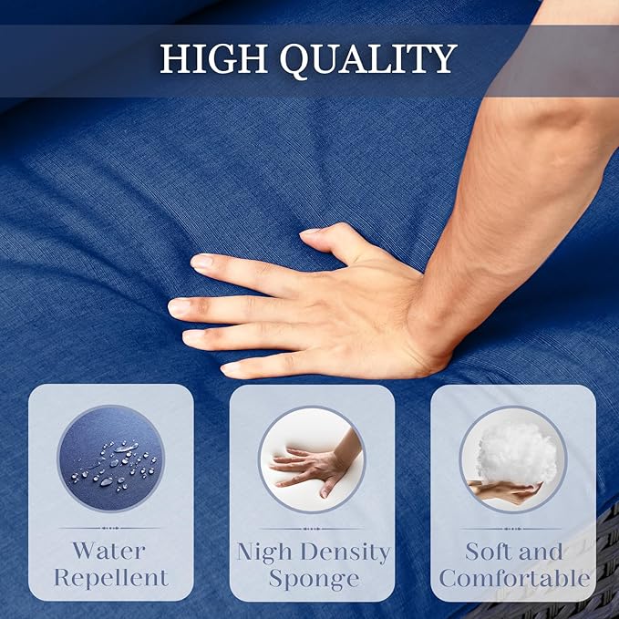 HUMMUH Outdoor Patio Couch-Outdoor Rattan Couch with Thick Cushions Outdoor Sofa for Deck Lawn Porch Balcony Poolside-Brown/Blue