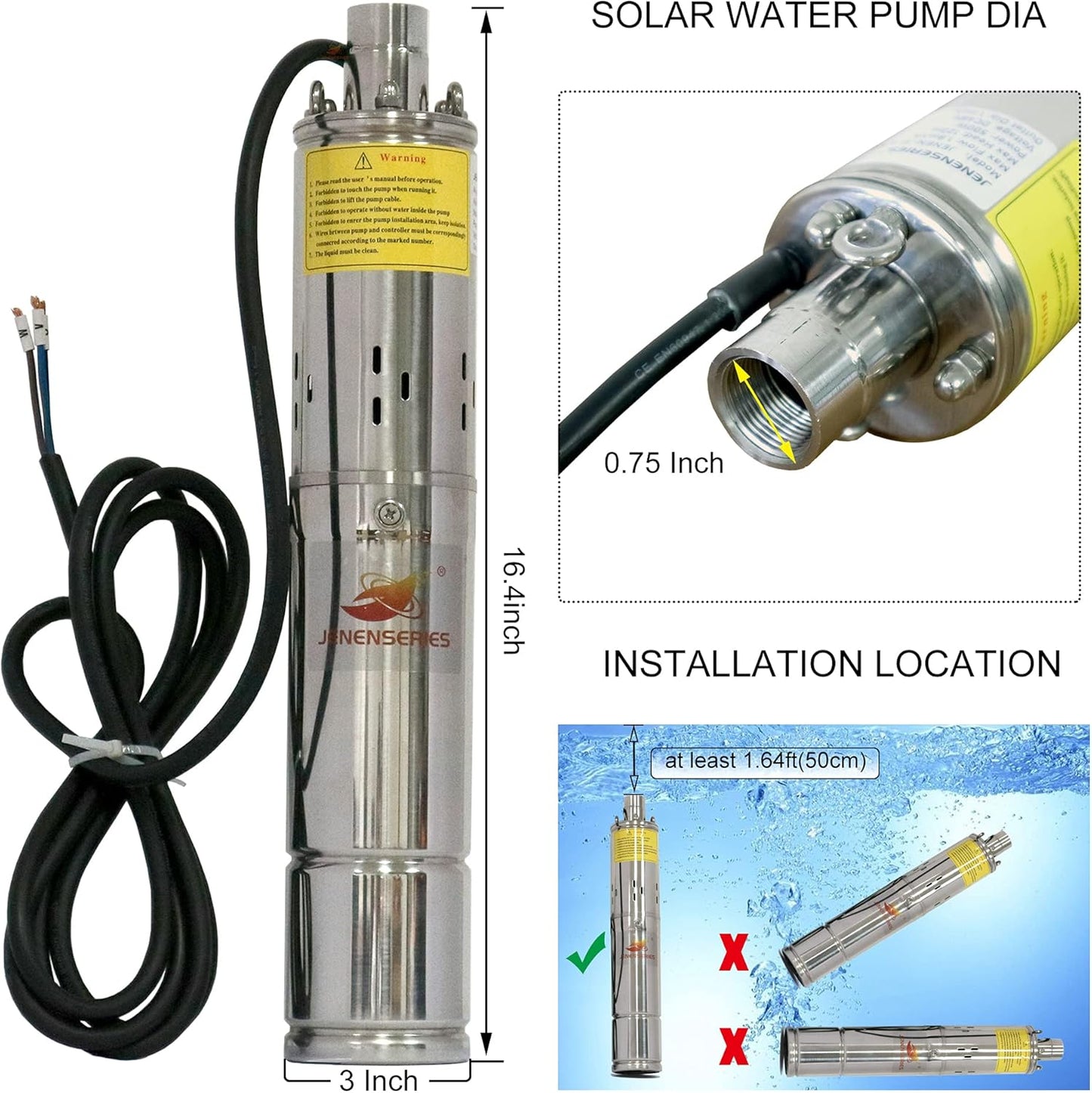 Pump 270W DC 24V Solar Water Pumps, Max head 262ft,7.9GPM Flow，3 inch Solar deep well submersible Pumps with MPPT controller （270W 24V)