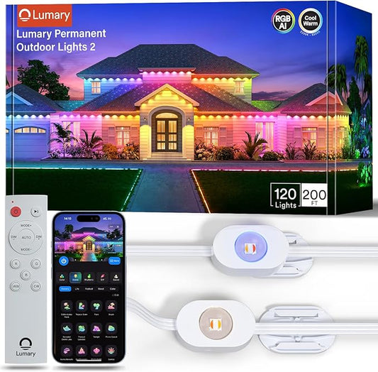 Lumary Permanent Outdoor Lights 2 with Remote for House, 200ft with 120 RGBAICW LEDs 7200lm for Home Daily & Accent Lighting, 110+ Scenes for Christmas Decor, IP67 Waterproof, Work with Alexa Google