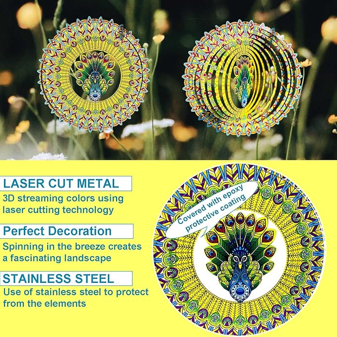 Wind Spinner Colorful Peacock 12 inch 3D Stainless Steel Laser Cut Metal Double Sided Printing-Hanging Indoor/Outdoor Decorations Yard Gardening Decor,Metal Kinetic Art Ornament Gifts