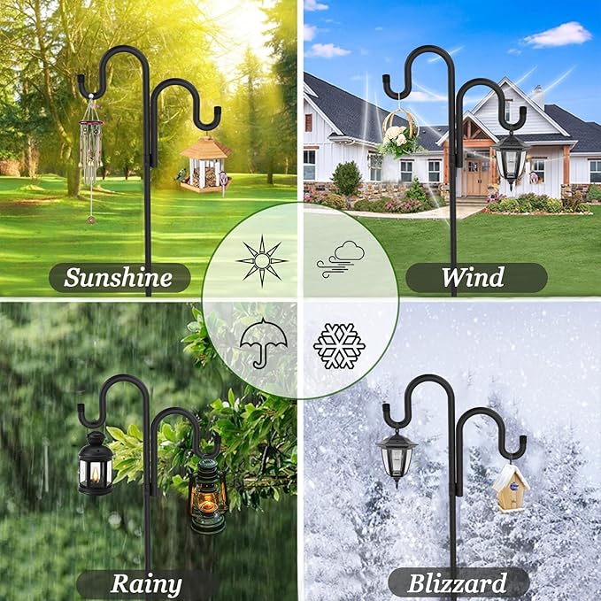 Double Shepherds Hooks for Outdoor, Bird Feeder Pole with 5 Prongs Base, Heavy Duty Garden Hook for Lantern, Wind Chime and Hummingbird Feeder, 45 Inch, 2 Pack