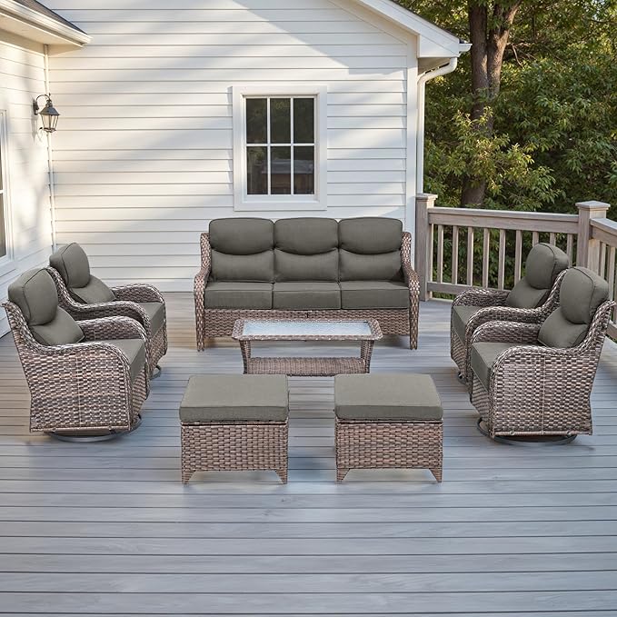 Rilyson Wicker Outdoor Patio Furniture Set - 8 Piece Patio Conversation Sets with Swivel Rocker Chairs, Ottomans, Sofa and Table, 6 inch Cushions, Deep Seating, for Porch Deck Brown/Grey