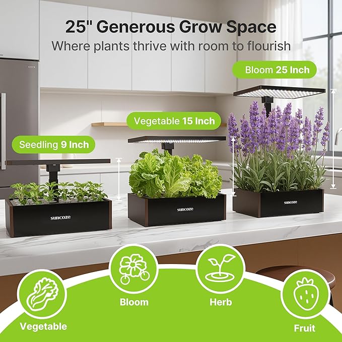 SUNCOZE Hydroponics Growing System Kit, 20 Pods Indoor Herb Garden with 10L Water Tank & Adjustable Height 25", 30W LED Grow Light, LCD Display with Veg/Flower Modes, Pump & Low Water Reminder, Black