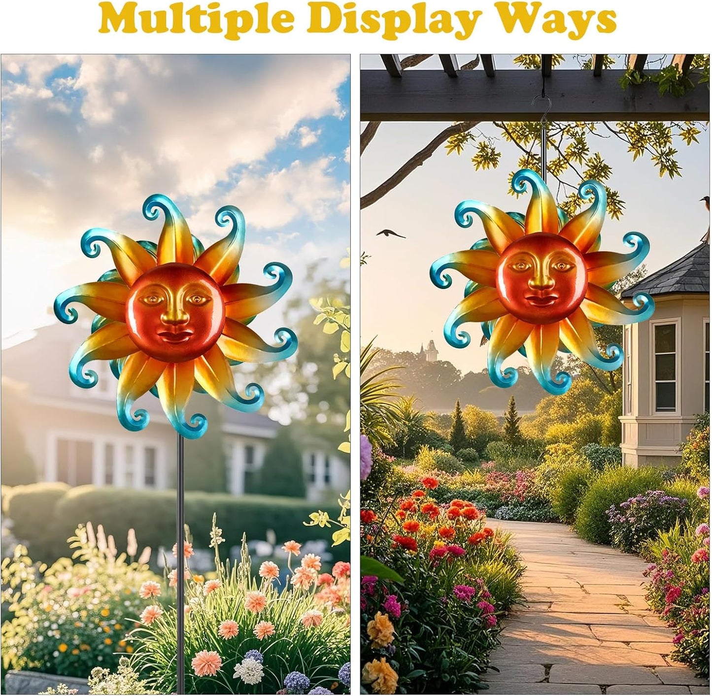60 Inch Metal Large Wind Spinner with Garden Stake，360 Metal Swivel Outdoor Wind Sculpture,Sun Metal Windmill Decorations Gifts for Women Grandma Birthday Mothers Day