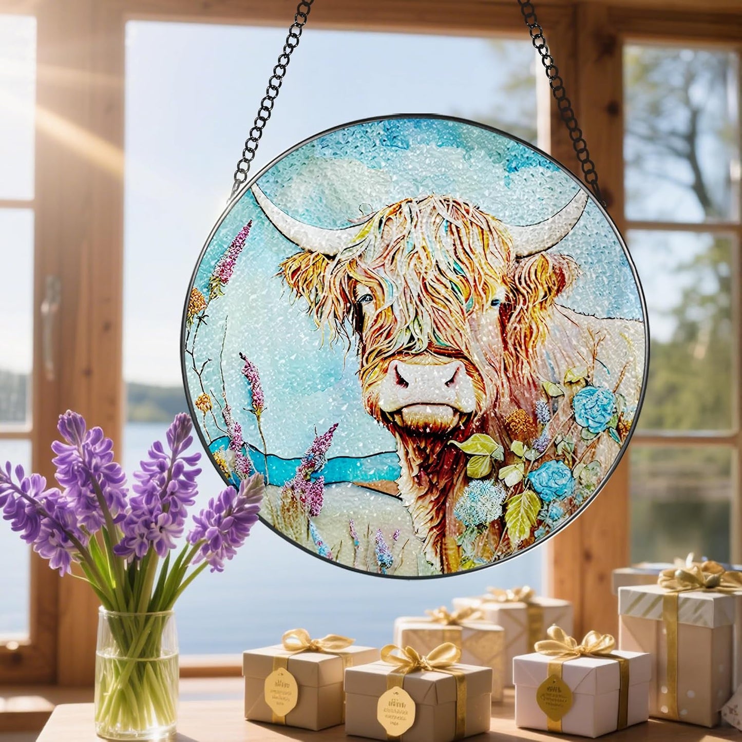 Stained Glass Window Hanging, Stained Glass Suncatcher, Cow Sun Catcher, Window Hanging Decor, Cow Gift, Gifts for Mothers Day or Fathers Day, Christmas or Birthday Gift, Gifts for Her Him