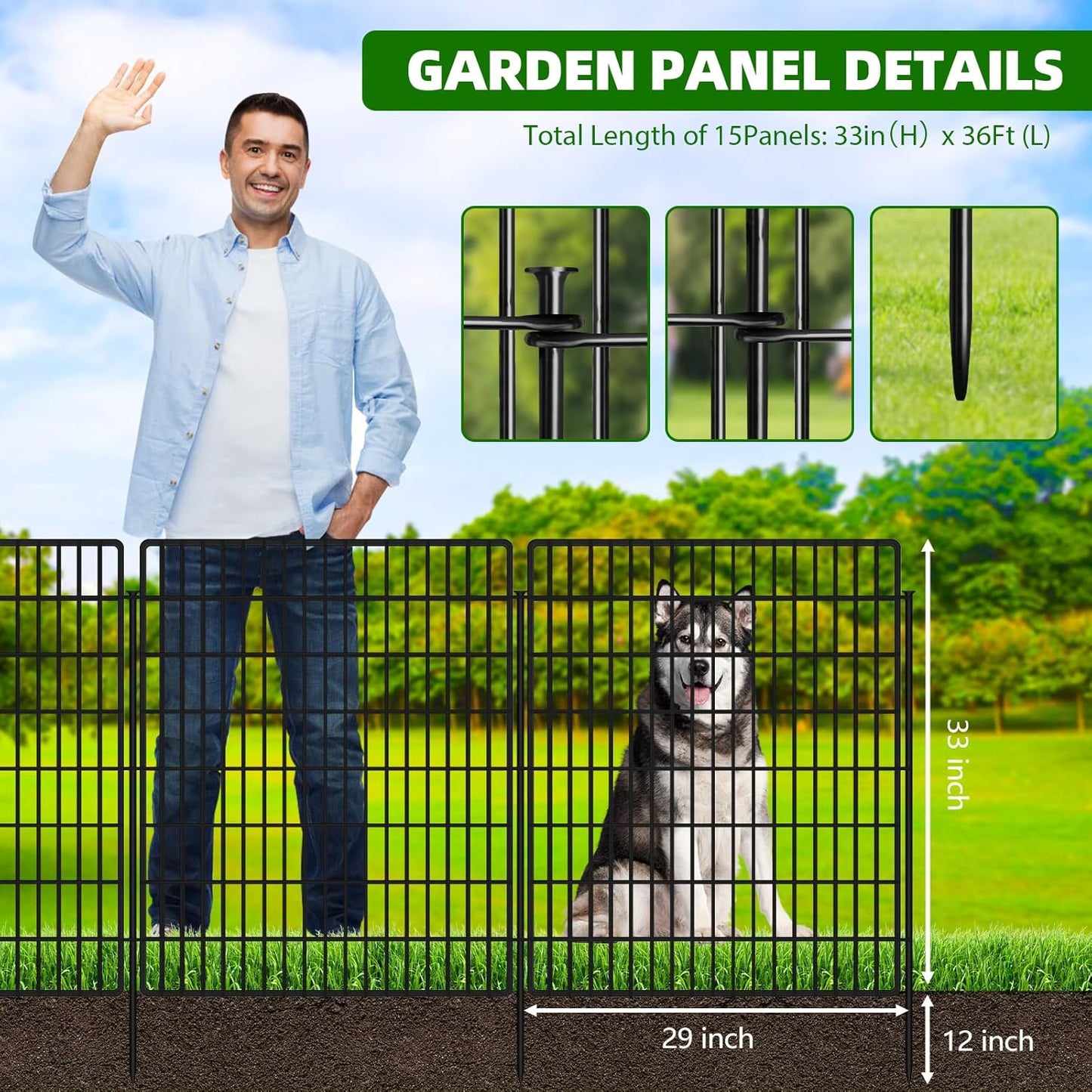 15 Panels Garden Fencing Animal Barrier with Lock, 33 in(H) X 36 ft(L) Dog Fence Outdoor for Yard Rustproof No Dig Decorative Tall Garden Fences Metal Wire Panel Border Rabbit Ground Stakes Fencing