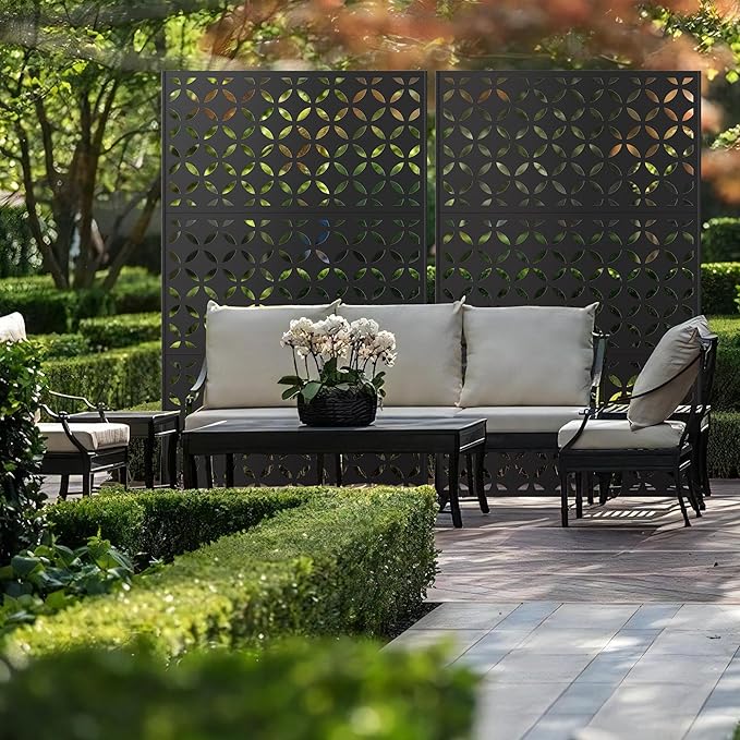Metal Privacy Screen for Outdoor Freestanding Privacy Screens, 72" H x 44" W Decorative Privacy Wall Panels with Stand, Patio Balcony Screens for Outside Outdoor Divider Deck Porch Garden and Indoor