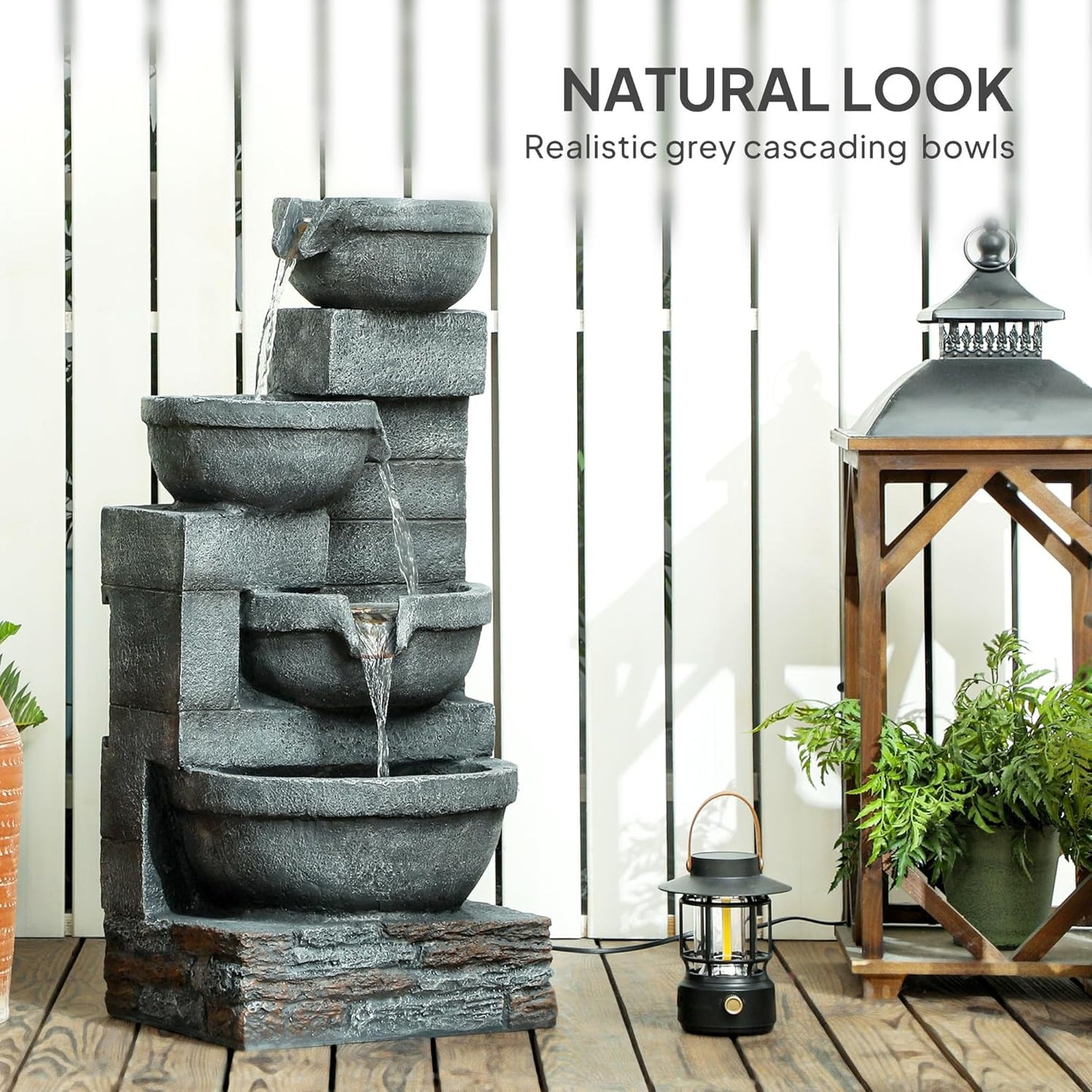 Outsunny 30" Tall Outdoor Waterfall Fountain with LED Lights, 4-Tier Resin Cascading Water Bowls with Pump, Gray