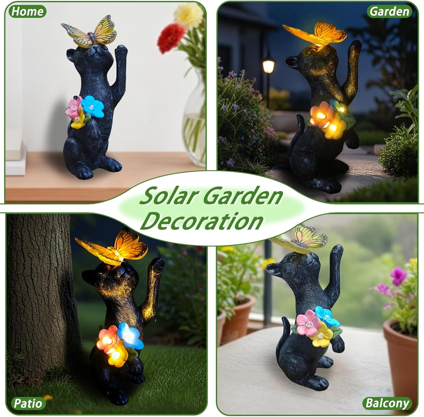 Solar Cat Garden Statue Outdoor Decor - Resin Cat Butterfly Statues for Outside Waterproof, Animal Figurines for Patio Balcony Yard Art Lawn Ornaments, Unique Birthday Gifts for Mom/Women/Grandma