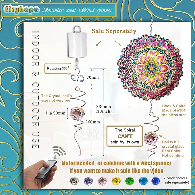 Gazing Ball Spiral Tail, Spiral Wind Spinners with Pink Crystal Orb with Swivel Hook, Suncatcher Rainbow Maker Hanging Garden Ornament Outdoor Decoration Indoor Outdoor Decor 13 inch Height