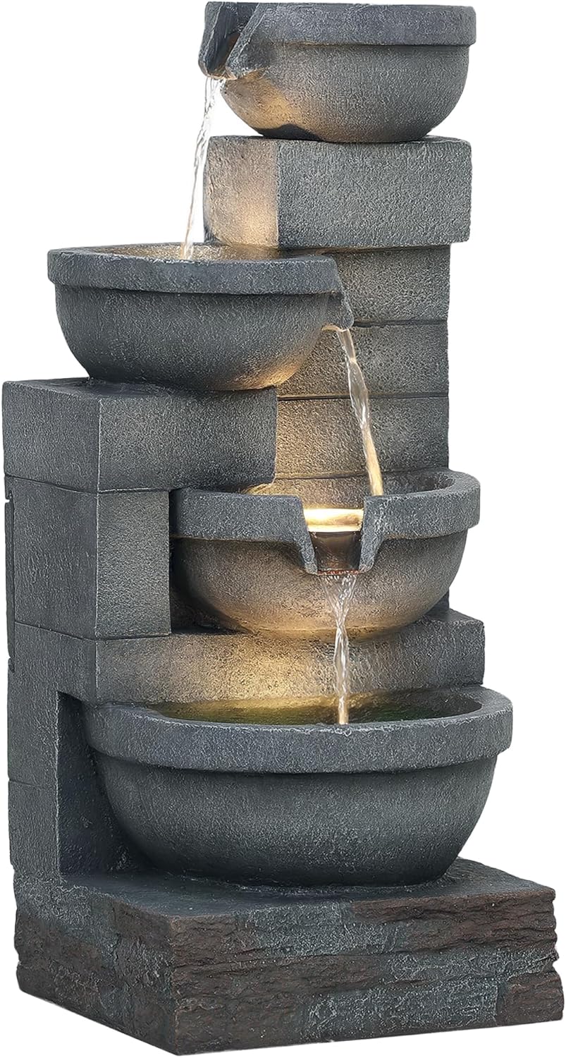 Outsunny 30" Tall Outdoor Waterfall Fountain with LED Lights, 4-Tier Resin Cascading Water Bowls with Pump, Gray