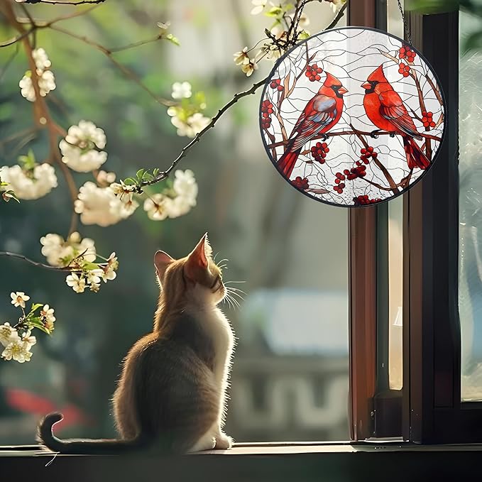 Cardinal Red Bird Suncatcher Stained Glass Suncatchers 7.87 Inch Stained Glass Ornament for Home Decor Indoor Wall Art for Christmas Day Valentine's Day Mother's Day Women