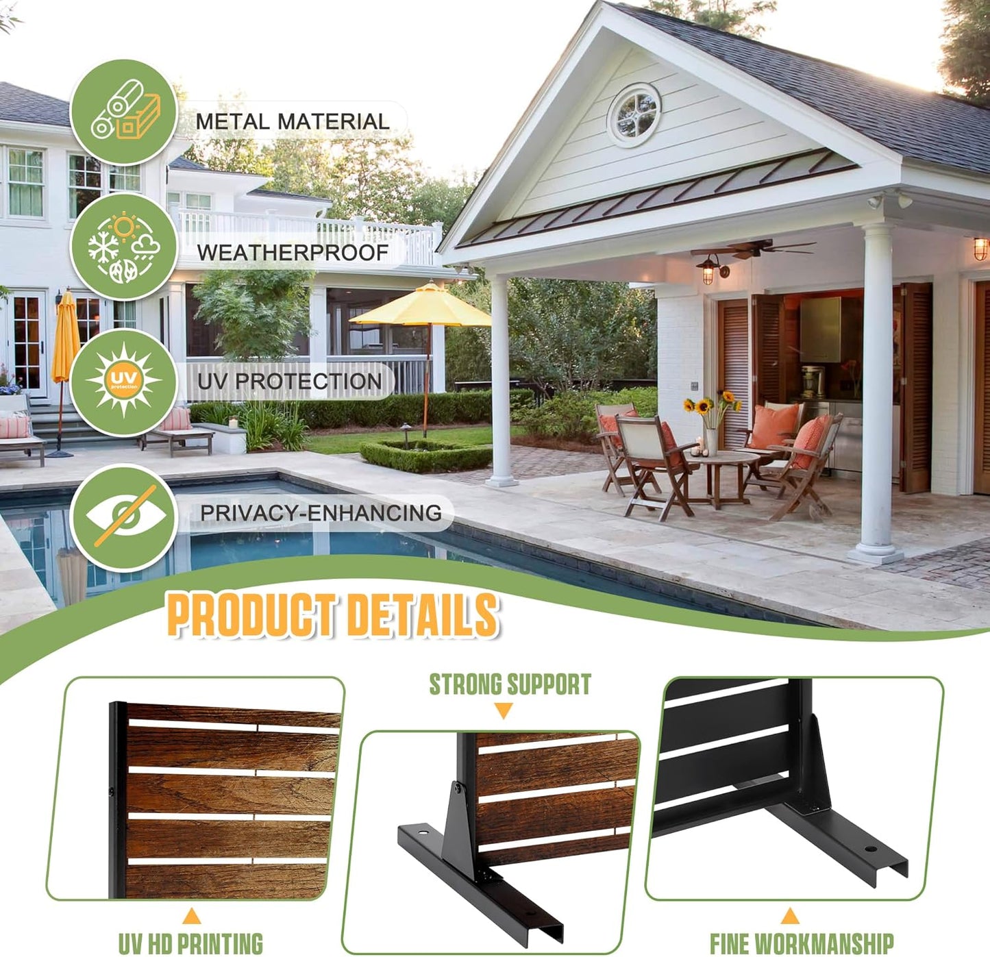 FENCY Metal Outdoor Privacy Screen 72" H×47" W Vintage Wood Color Patio Privacy Screen, Freestanding Decorative for Deck Balcony Patio