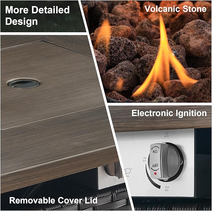 HUMMUH Patio Furniture with Fire Pit 4-Piece Wicker Outdoor Sectional Couch and Swivel Rocking Chairs, Propane Fire Pit Conversation Set for Garden, Backyard, Deck