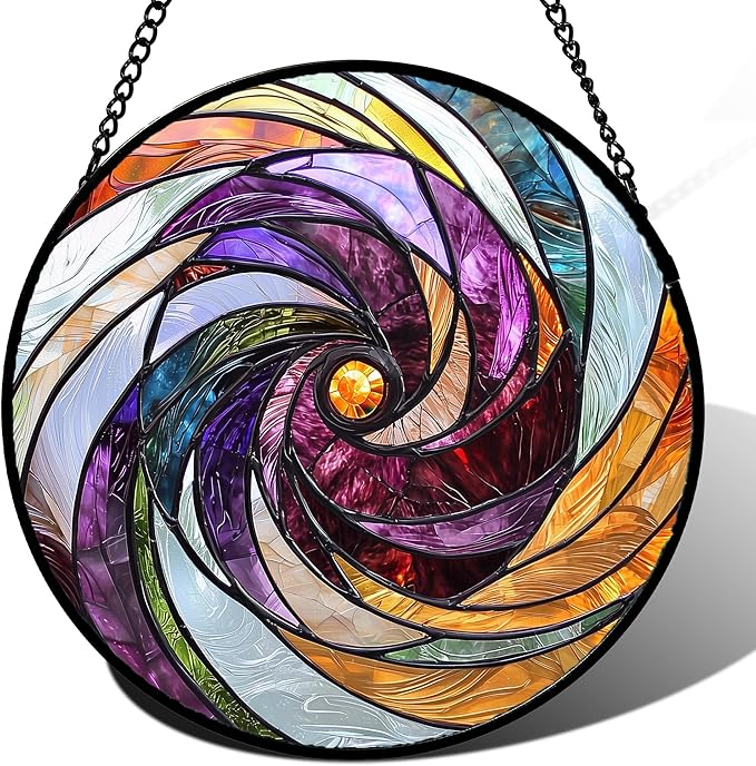 Stained Glass Window Hanging, Colorful Abstract Spiral Pattern Suncatcher for Doors Window Home Sun Catchers Decoration Mother's Day Birthday Gifts for Women, Men, and Mom 11.8 in