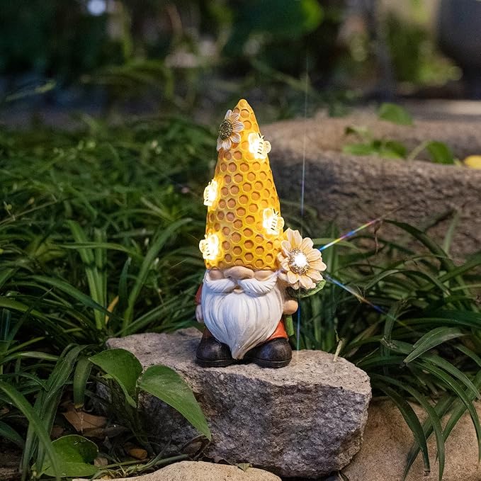 Garden Gnome Statue Solar Powered with Glowing Bees Sunflower Outdoor Funny Resin Figurine Decorations for Patio Yard Lawn Porch Housewarming Ornament Gift