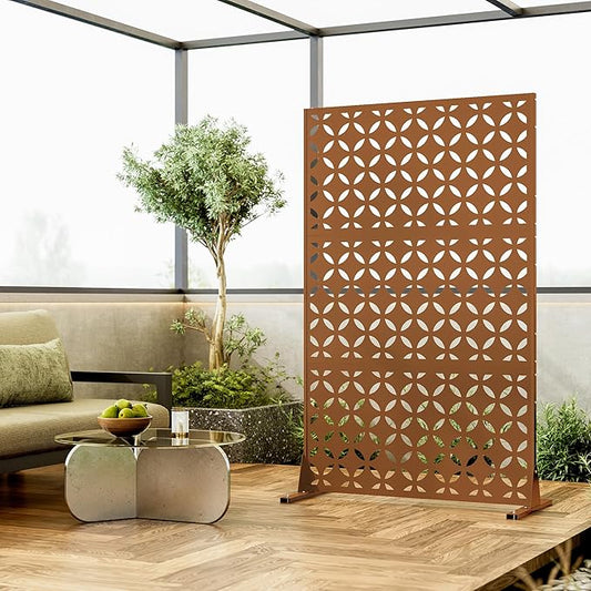 Heavy-Duty Outdoor Privacy Screen for Patio, Balcony, Backyard - 72" H * 44" W Metal Room Divider with Classic Clover Pattern, Anti-Tipping Kit, Weather Resistant, Easy Assembly (Browm-SYC)