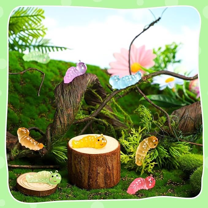 Suzile 60 Pcs Mini Resin Animals Caterpillars Miniature Figures Luminous Mini Resin Charms Miniature Garden Accessories Micro Landscape Ornaments for DIY Outdoor Decor Party Decorations (Bright Color)