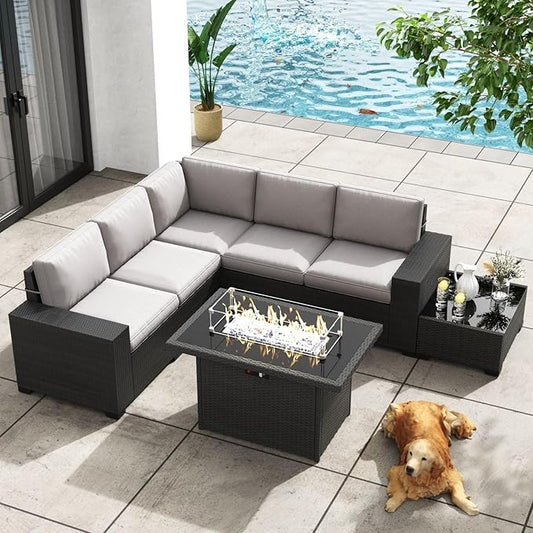Patio Furniture Set with Fire Pit Table, 7 Pieces Outdoor All-Weather Wicker Conversation Sectional Chair Sofa Set