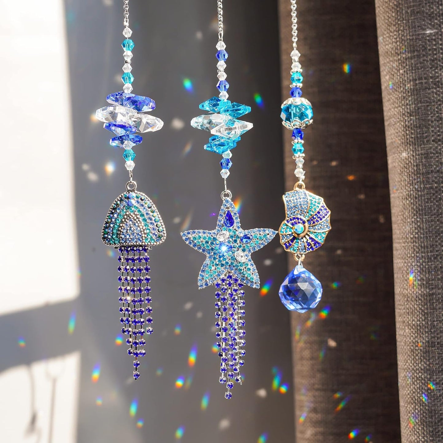 H&D HYALINE & DORA 3pcs Rhinestones Crystal Suncatcher Indoor Window Hanging Pendants, Sun Catchers Rhinestones Starfish Jellyfish Conch with Beads Prism Decor Wedding Garden Porch Ornament
