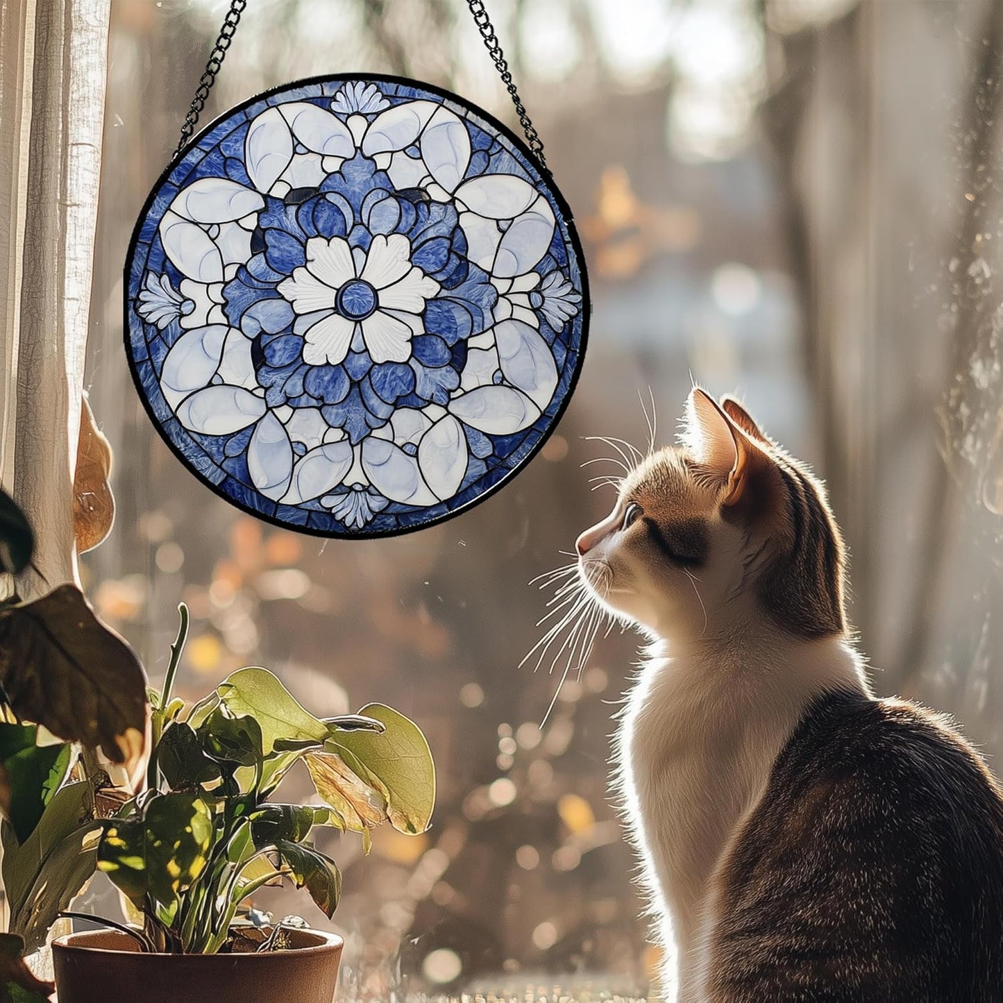 Stained Glass Window Hanging - Blue White Floral Pattern Suncatcher for Doors Garden Retro Sun Catchers Decor Christmas Mother's Day Birthday Gifts for Women Men Mom Nana Friend Girl 9.8 in