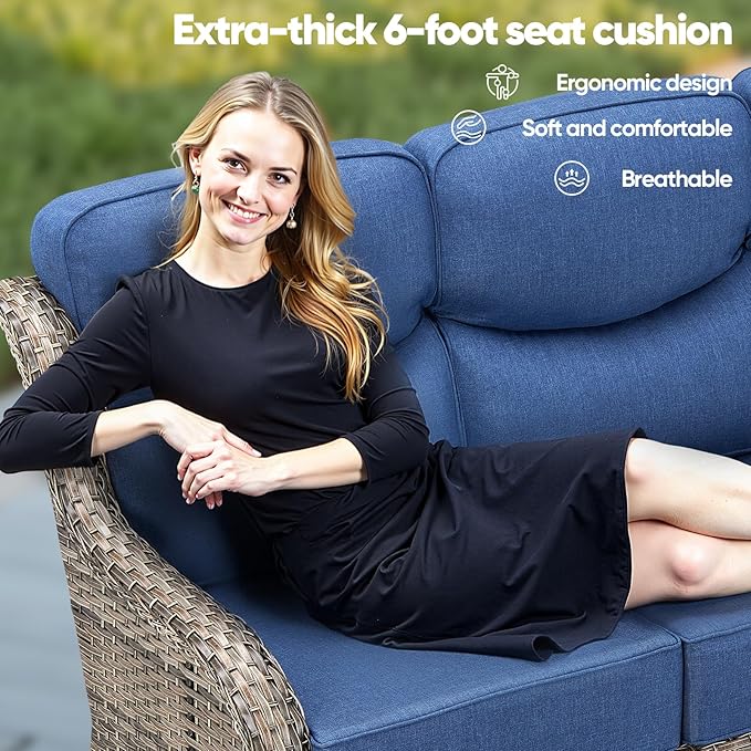 Swivel Patio Chairs sofa Set of 6 - 6" Thick Cushion - Wicker Outdoor Swivel Rocker Patio Chair ,Sofa/Glass coffee table, High Back Comfortable Outdoor Glider Chairs - Grey Wicker | Blue Cushions
