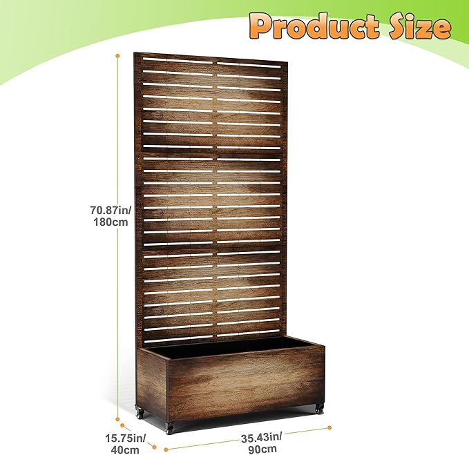 Metal Raised Garden Bed with Trellis, 2-in-1 Planter Box & Privacy Screen for Climbing Plants, Outdoor Standing Flower Bed with Drainage Holes, 35.4" L x 15.7" W x 70.1" H, Vintage Wood Grain