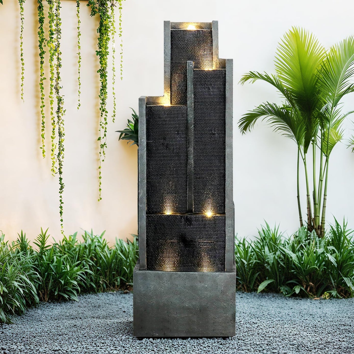 SunJet 5-Tier Modern Water Fountain, Indoor/Outdoor Resin Water Fountains with Soothing Water Sounds & Warm LED Light, Perfect for Garden, Patio, Home & Office, 16.9" L x 9.8" W x 50.7" H