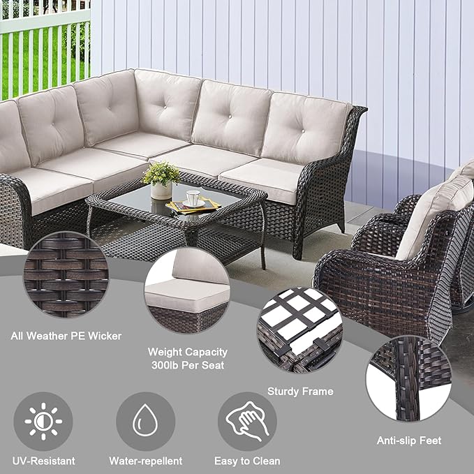 HUMMUH 8 Piece Patio Furniture PE Wikcer Outdoor Furniture Set with Sectional Sofa Swivel Patio Chairs Ottomans and Glass Coffee Table for Yard,Garden,Lawn