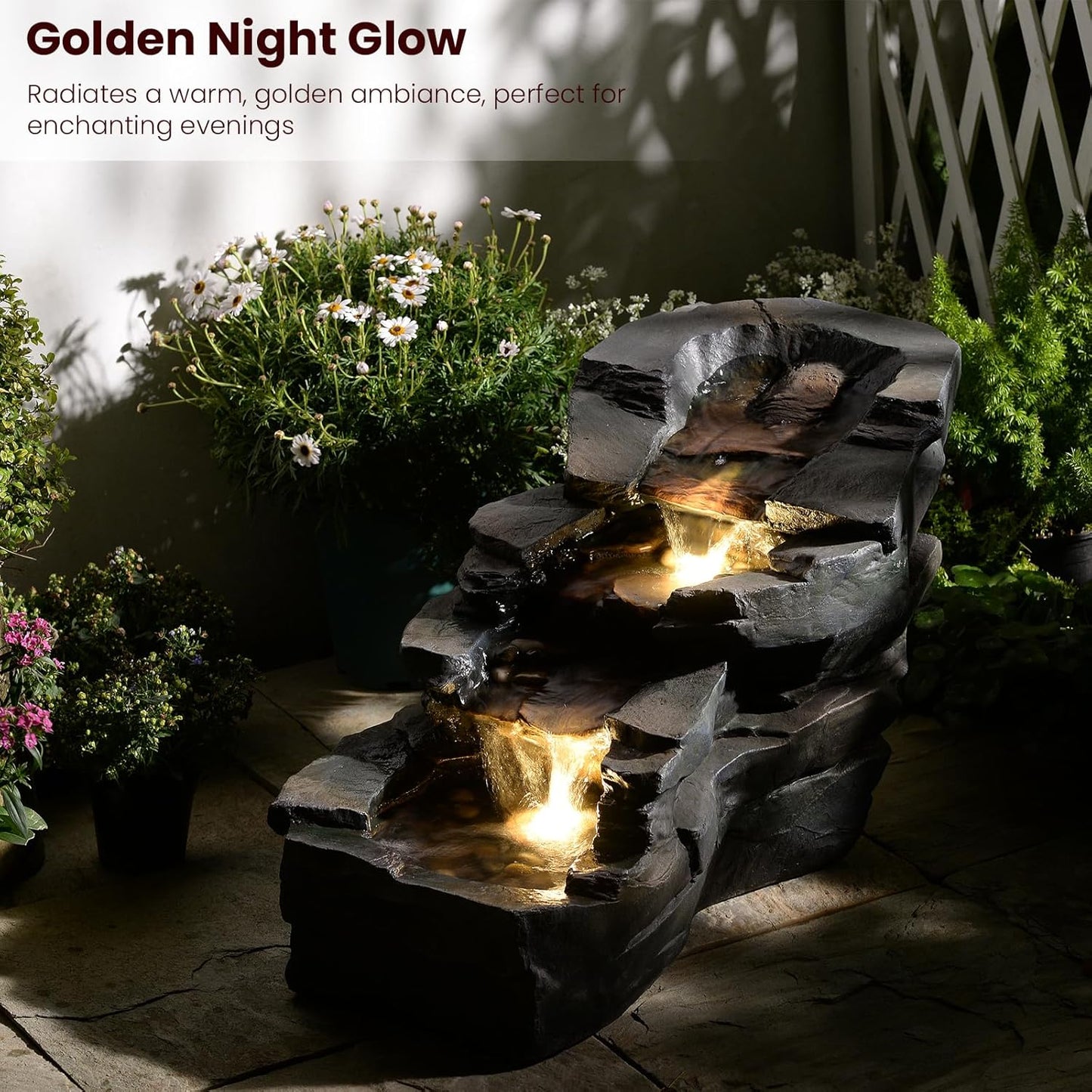 Outdoor Water Fountain 3-Tier Floor Standing Rainforest Rock River Natural Waterfall Fountains with LED Lights for Garden, Patio, Porch, Home Art Decor, 30" L