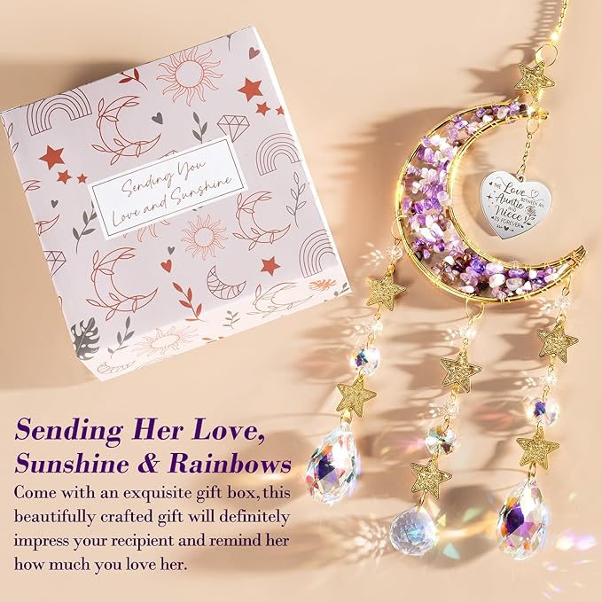 Aunt Gifts from Niece, for Aunt Auntie Gifts, Best Aunt Ever Gifts Aunt Birthday Gifts for Auntie, Auntie Gifts for Women Moon Crystal Suncatcher for Window Hanging Wall Decor