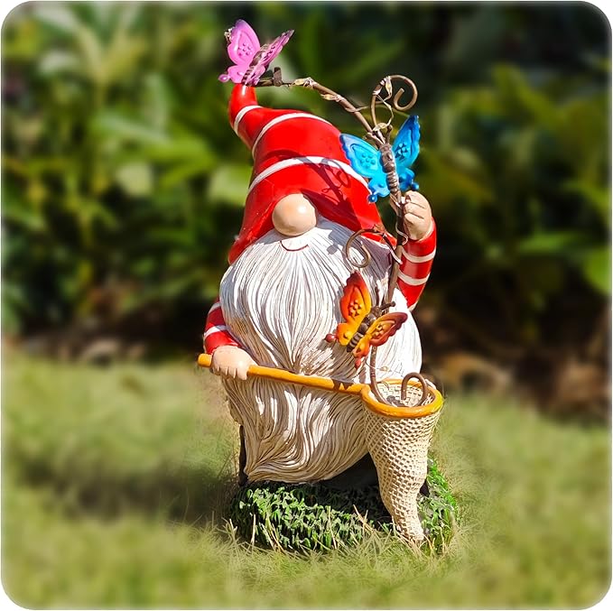 Solar Powered Gnome Garden Statue with Iron Butterflies - LED Lighted Garden Decorations, Resin Gnome with Butterfly Net, Gifts for Women and Men，Outdoor Decor Ornaments for Outside