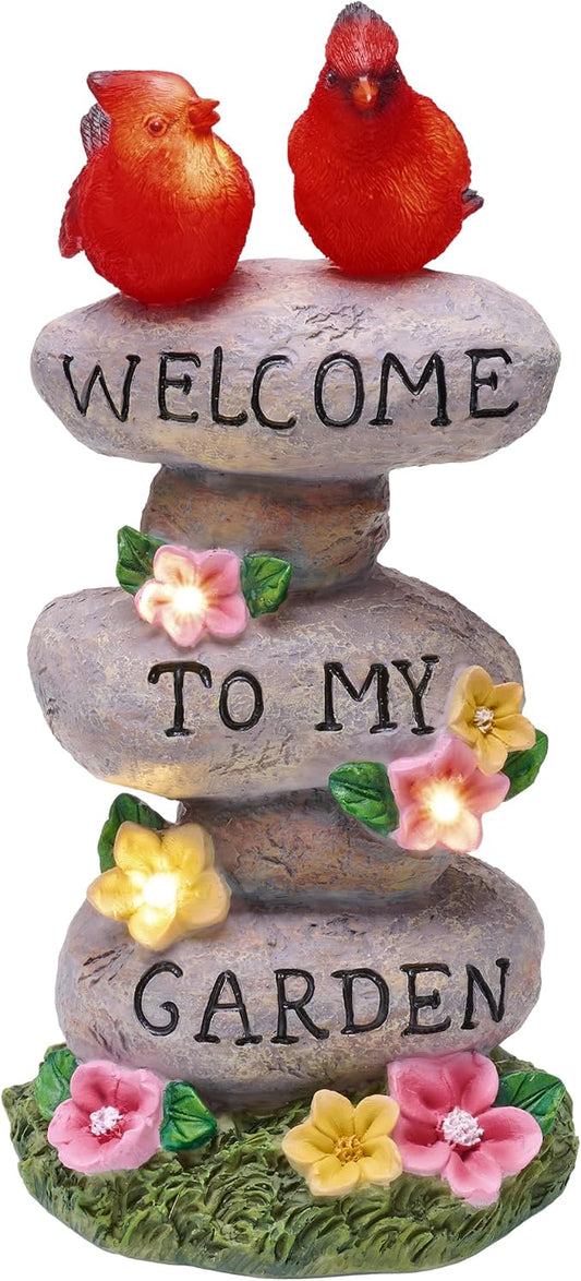 TERESA'S COLLECTIONS Garden Statues with Outdoor Solar Lights for Garden Decor, Cardinal Birds Welcome Yard Sign Rocks & Flower Resin Valentines Decorations, Gifts for Mom Yard Decor, 11"