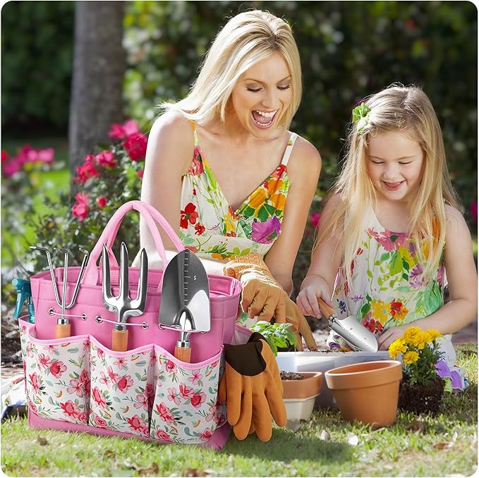 Gardening Tools 9-Piece Heavy Duty Garden Hand Tools with Fashion and Durable Garden Tools Organizer Handbag, Rust-Proof Garden Tool Set, Ideal Gardening Gifts for Women (Pink)
