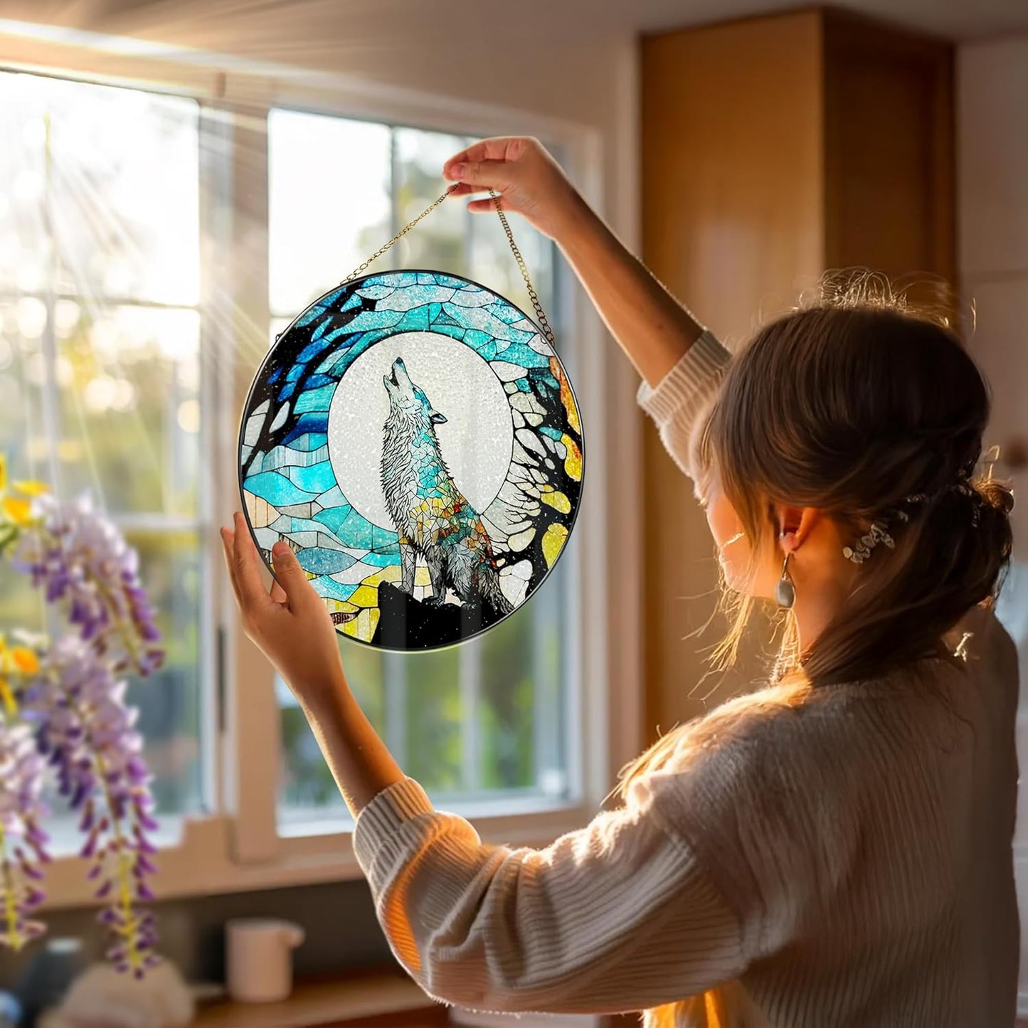 Stained Glass Window Hanging, Stained Glass Suncatcher, Wolf Sun Catcher, Window Decor, Wolf Lover Gift, Gifts for Fathers Day, Christmas or Birthday Gift, Gifts for Men Him Dad Grandfather Son