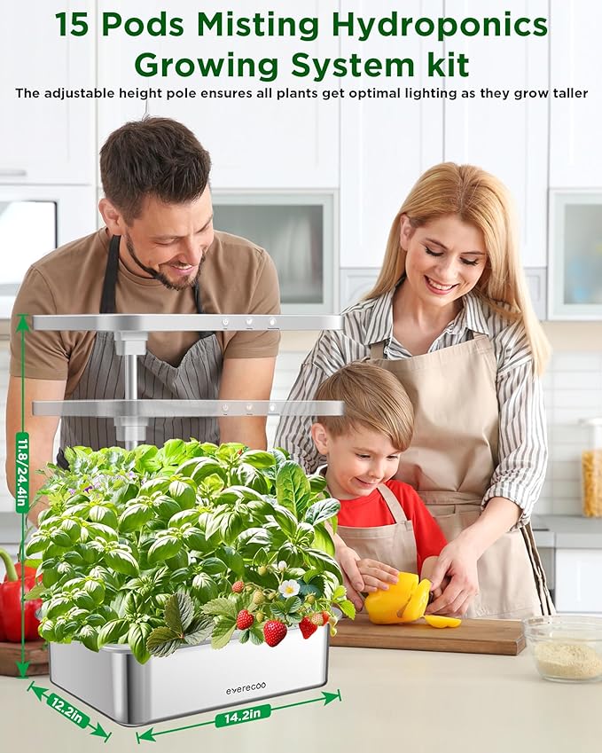 Stainless Steel Hydroponics Growing System Kits, Controlled Smart Indoor Garden with LED Grow Light Full Spectrum, 15 Pods Plant Germination Kit, with Quiet Pump,for Vegetables Herbs,Gardening Gifts