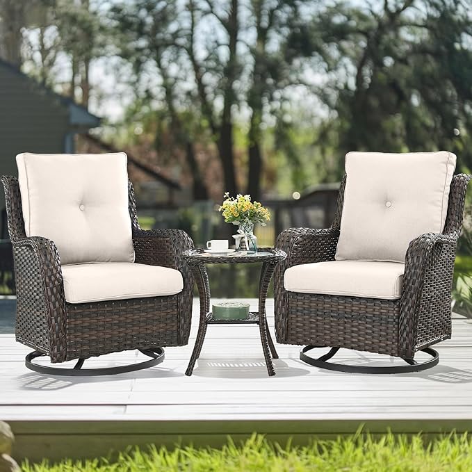 HUMMUH 3-Piece Swivel Rocking Rattan Chair Outdoor, Patio Bistro Furniture Conversation Set, Cushioned Wicker Chair with Glass Coffee Table (Brown, Beige)