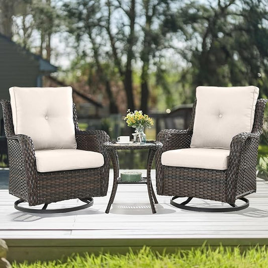 HUMMUH 3-Piece Swivel Rocking Rattan Chair Outdoor, Patio Bistro Furniture Conversation Set, Cushioned Wicker Chair with Glass Coffee Table (Brown, Beige)