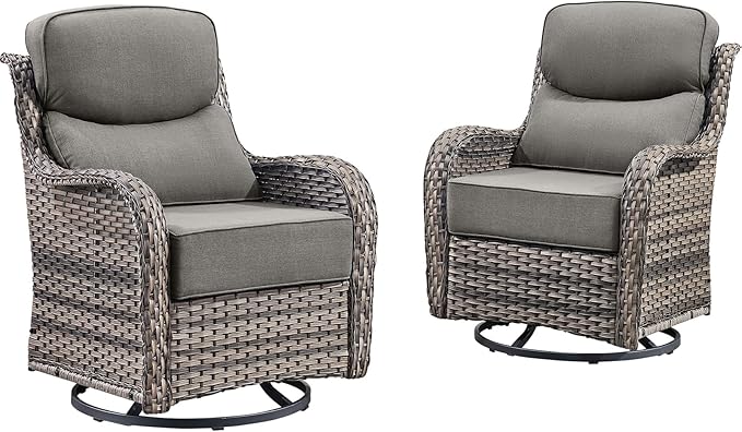 Rilyson Outdoor Patio Swivel Rocker Chairs Set of 2, Waterproof Wicker, High Back, Deep Seating, Wide Armrest, Upgraded 6 inch Thick Cushions, Ideal for Deck Porch Backyard, Mixed Grey-Grey