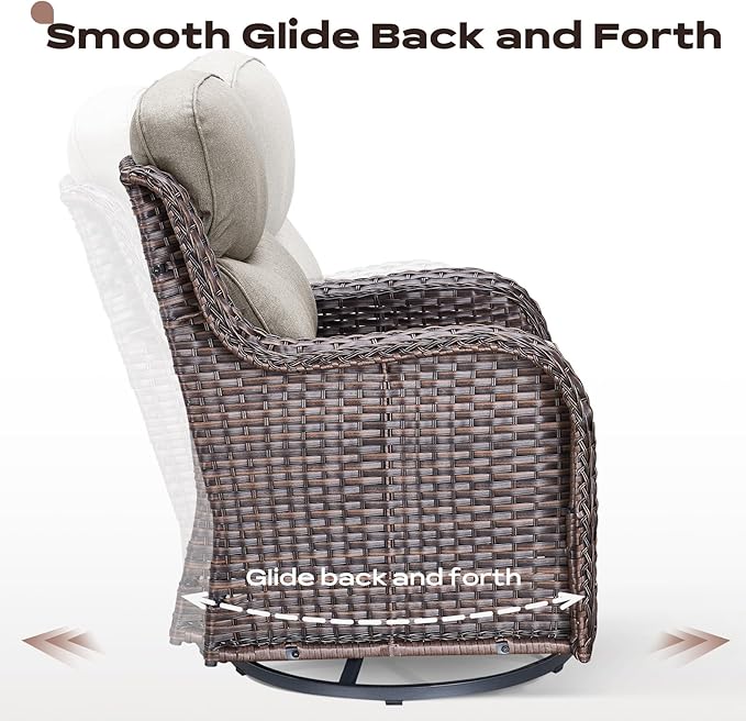 Rilyson Wicker Outdoor Patio Furniture Set - 5 Piece Patio Conversation Sets with Swivel Rocker Chairs, Ottomans and Side Table, 6 inch Cushions, Waterproof Wicker, for Porch Deck Brown/Beige