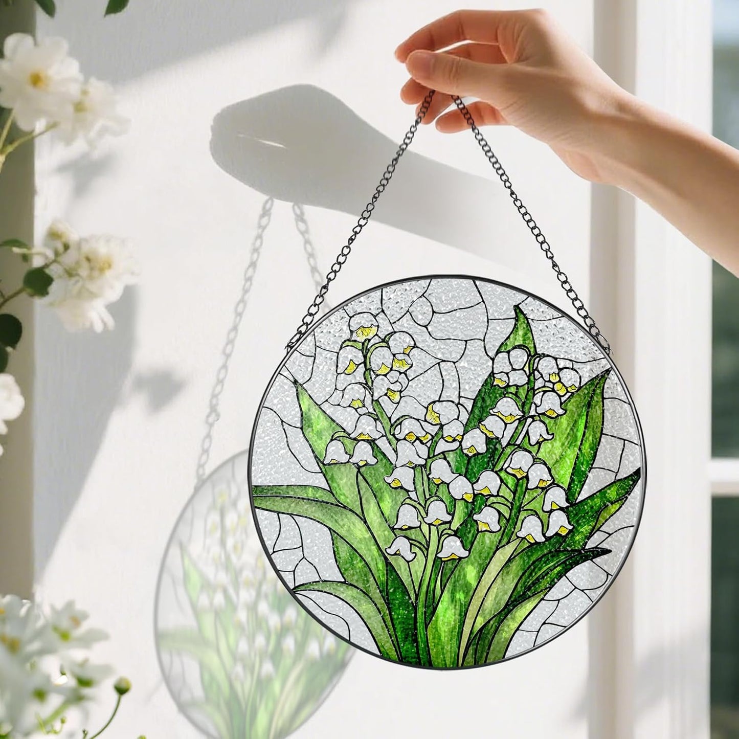 Lily of The Valley Flower Stained Glass Suncatcher, Stained Glass Window Hanging, 8 Inch Green Plants Suncatcher Decor, Gifts for Mother's Day, Mom Gift, Grandma Gift, Gifts Idea