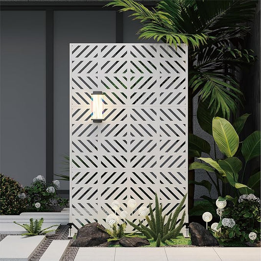 Heavy-Duty Outdoor Privacy Screen for Patio, Balcony, Backyard - 72" H * 44" W Metal Room Divider with Geometric Pattern, Anti-Tipping Kit, Weather Resistant, Easy Assembly (White-FGXPF)