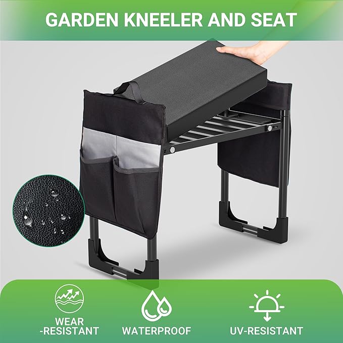 Walensee Garden Kneeler and Seat – Foldable Heavy Duty Garden Stool with Soft Leather Kneeling Pad, Removable Tool Pouch, Sturdy Steel Frame, No Assembly, Ideal Gardening Gift for Women & Men
