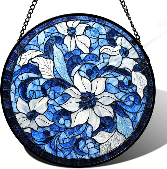 Stained Glass Window Hanging - Blue White Flowers Suncatcher for Doors Garden Patio Boho Style Sun Catchers Decor Christmas Mother's Day Birthday Gifts for Women Men Mom Nana Friend 15 in